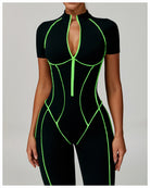 Langry black neon green bodysuit with geometric cutouts for yoga fashion ملابس
