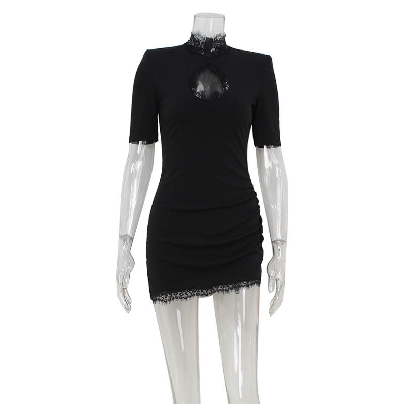 Black bodycon mini dress with lace trim, ideal for trendy ملابس and party fashion