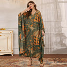 Elegant V neck batwing sleeve langry fashion kaftan dress in green orange patterns