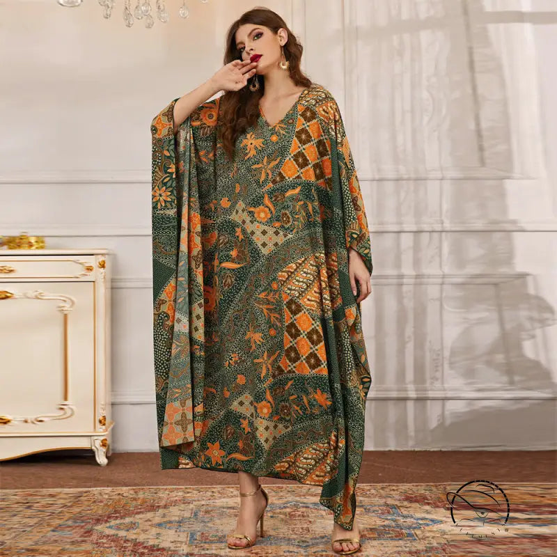 Elegant V neck batwing sleeve langry fashion kaftan dress in green orange patterns