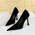 Elegant black suede langry fashion high heel pumps with pointed toes and thin stiletto heels