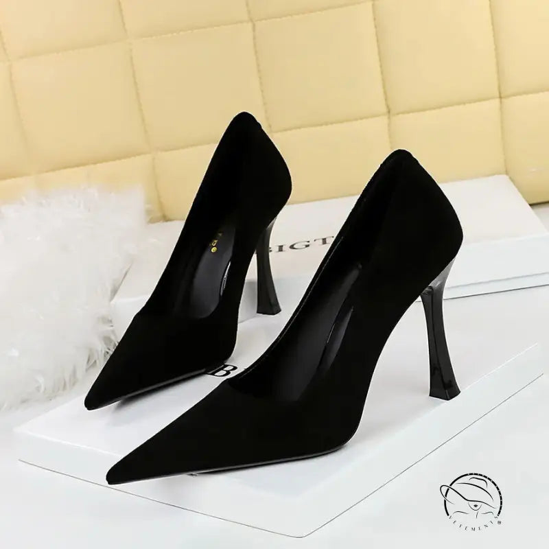 Langry black suede high heel pumps with pointed toes and thin stiletto heels in fashion