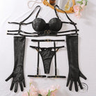 Passion underwear five piece set: black leather lingerie with gold accents and long gloves