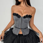 Langry fashion grey lace corset with black floral embroidery and gold hardware