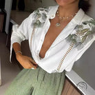 Printed long-sleeved single breasted suit with green palm embroidery