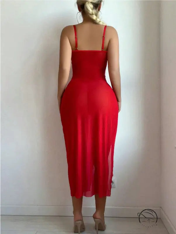 Sheer red maxi dress with spaghetti straps in mesh lingerie sets