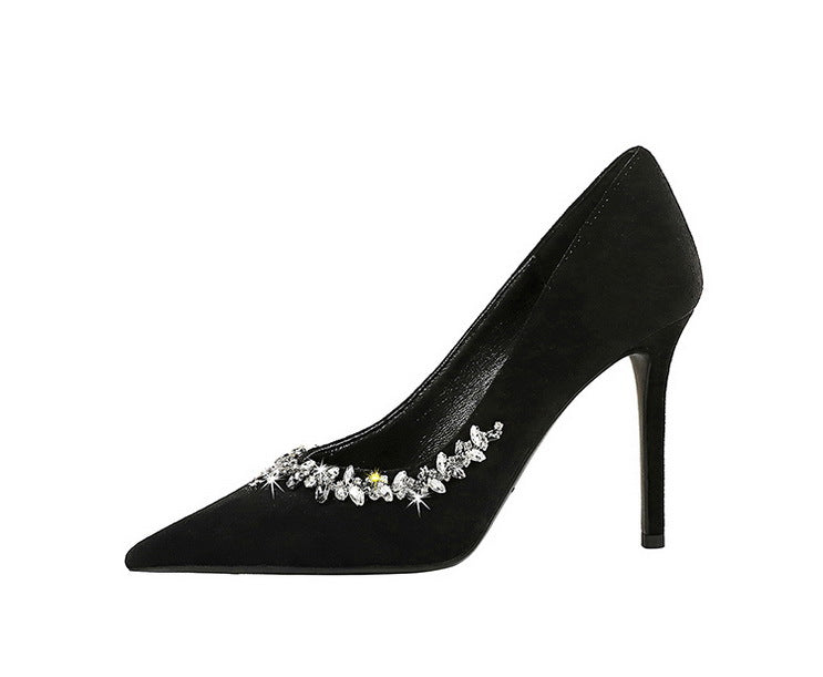 Elegant Langry rhinestone cocktail stiletto heel in black velvet with crystal embellishments and pointed toe