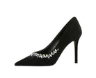 Elegant Langry rhinestone cocktail stiletto heel in black velvet with crystal embellishments and pointed toe