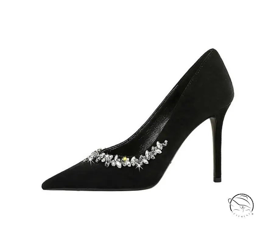 Elegant black velvet Rhinestone Cocktail Stiletto Heel with crystal pointed toe