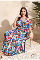 Colorful rose holiday dress with floral print maxi chiffon design