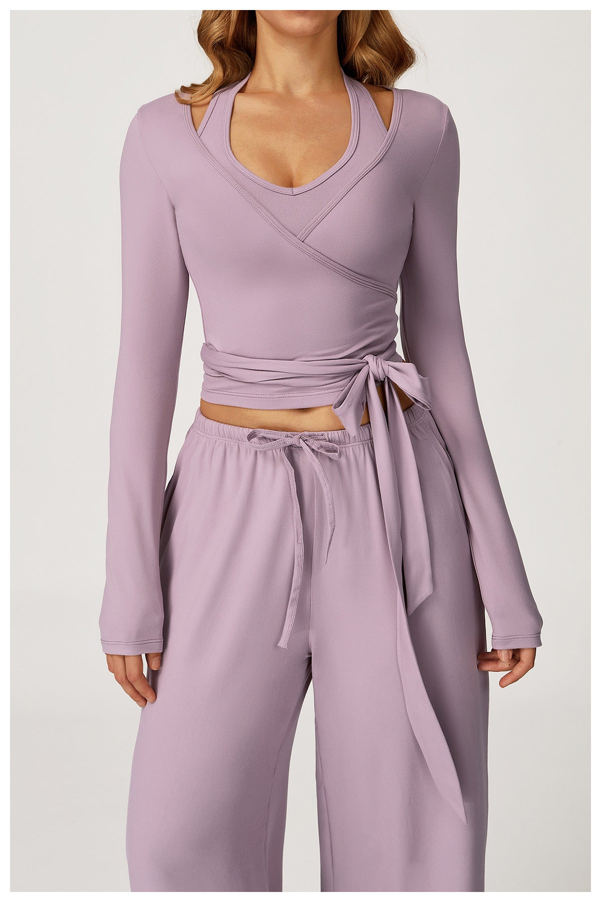 Langry fashion lavender wrap top with stretchy yoga pants and tie waistband