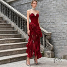 Enchanting red ruffled short evening dress in langry fashion velvet