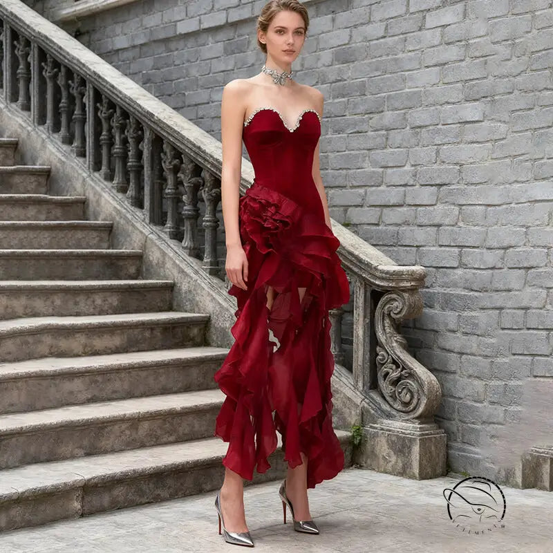 Enchanting red ruffled short evening dress in langry fashion velvet