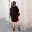 Loose slimming casual dress: dark brown velvet tunic with cuffed sleeves