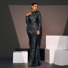 Elegant long sleeve black and silver sequined gown from Langry fashion collection