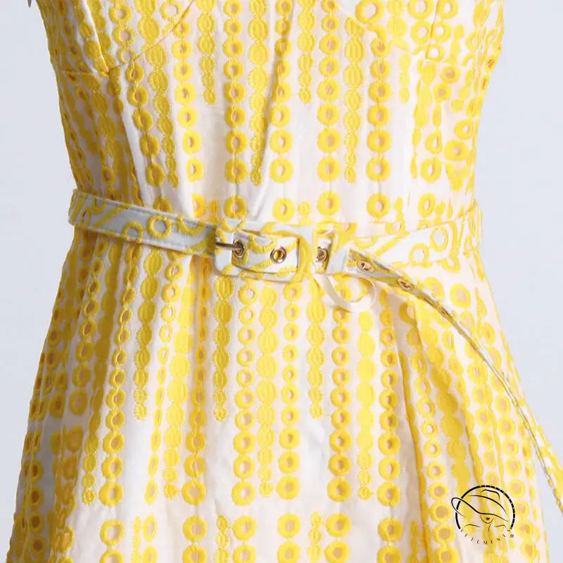 Yellow and white machine embroidery waist slimming summer dress with belt