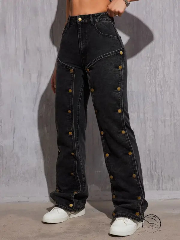 Dark wash hip hop cargo pants with gold buttons and detachable stitching