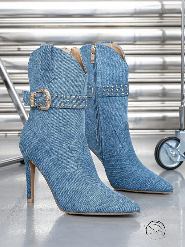Denim Winter Pointed Toe Side Zipper Stiletto Heel Short Boots