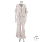 Leopard print ruffled short sleeves pajama set with flared pants