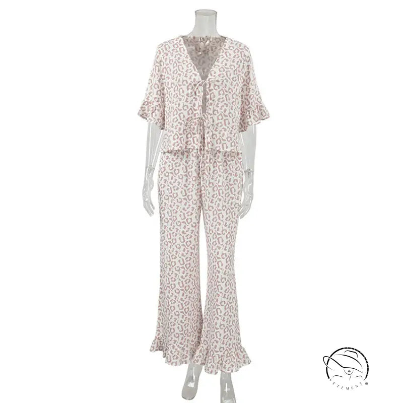Leopard print ruffled short sleeves pajama set with flared pants