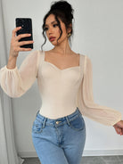 Elegant Langry beige chiffon fashion blouse with square neckline and balloon sleeves