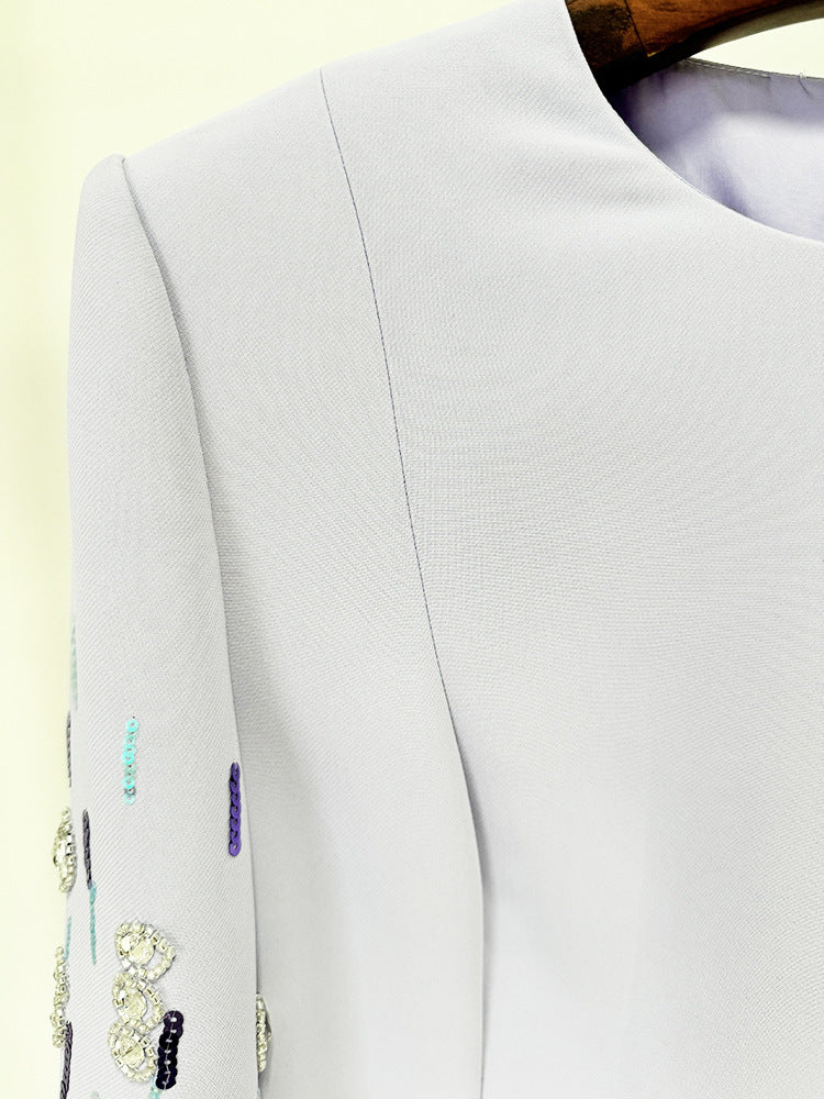 Light gray embellished jacket complementing Diamond Embedded Mid Length Dress for stylish fashion ملابس