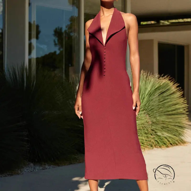 Burgundy halter midi dress in langry fashion style