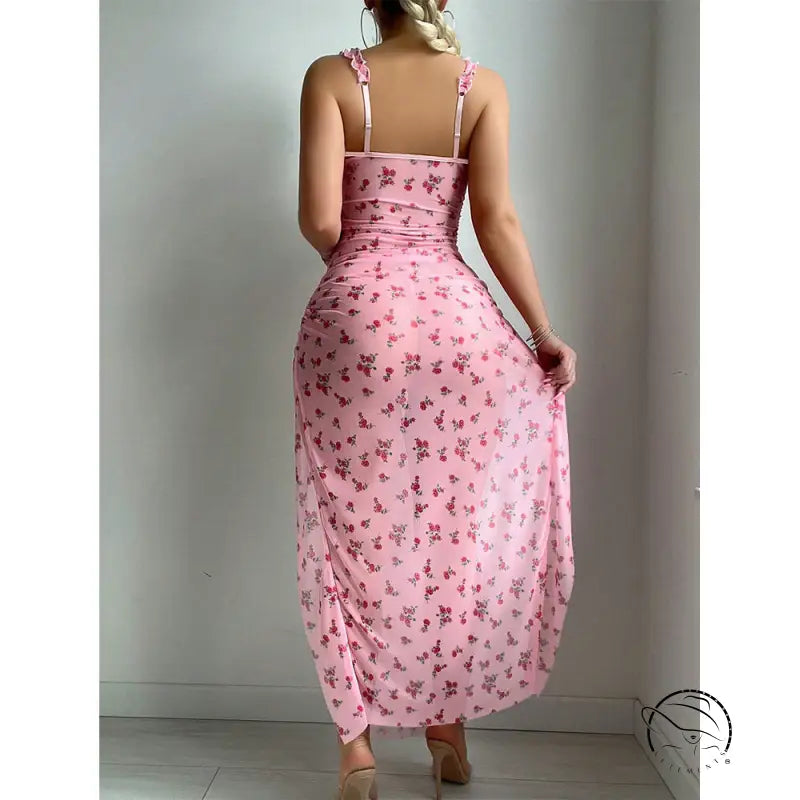 Pink valentine day dress with butterfly print maxi style