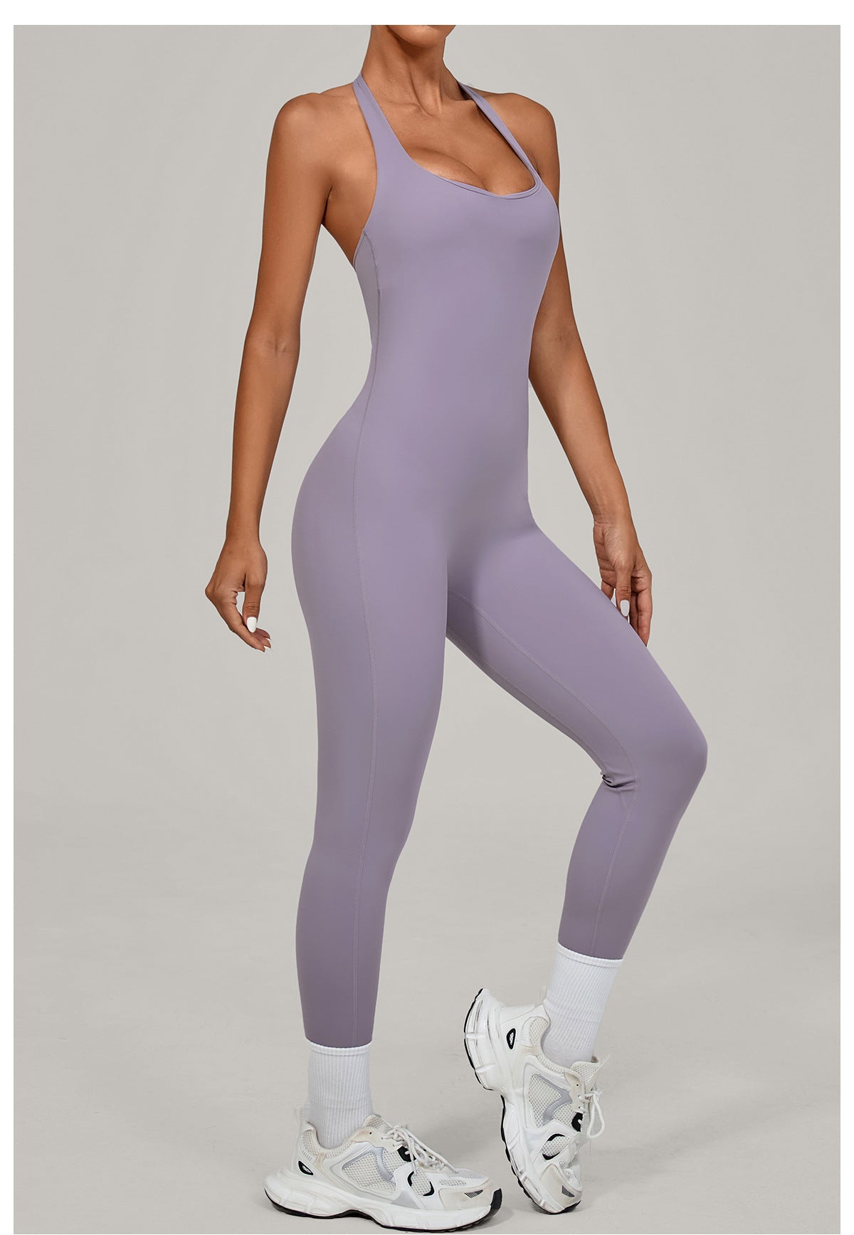 Sleek lavender langry fashion halter yoga jumpsuit for outdoor wear