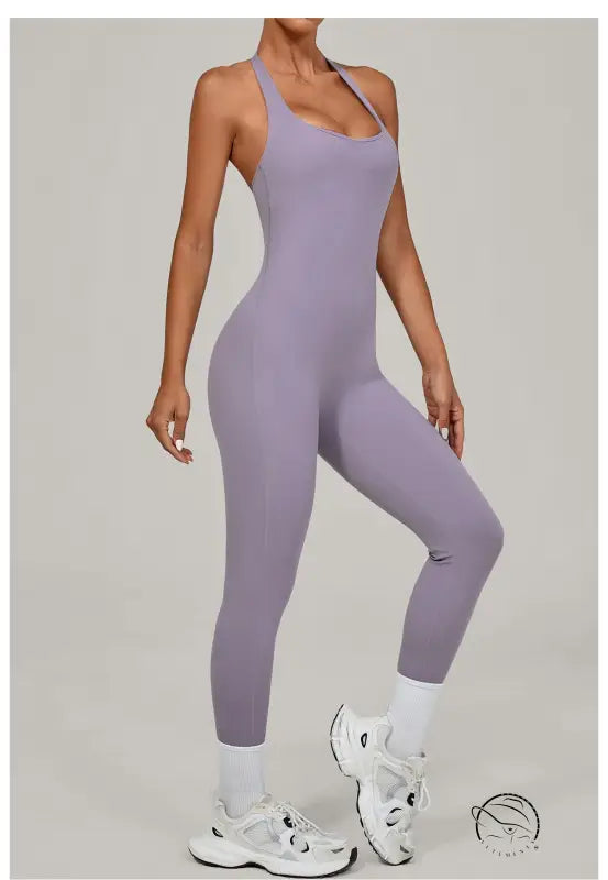 Sleek lavender langry fashion halter yoga jumpsuit for outdoor wear