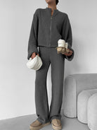 Elegant langry fashion ملابس: grey zip-up jacket with wide-leg trousers and white bag