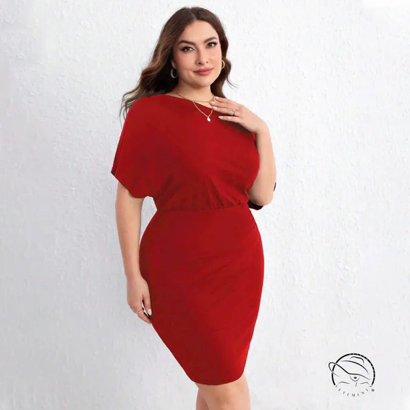 Red plus-size cross shoulder bag hip midi dress