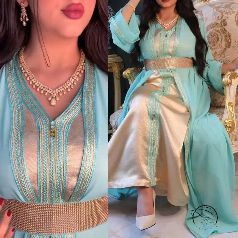 Mint green silk kaftan with gold embroidery and beaded belt in langry fashion