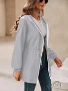 Gray hooded drawstring outdoor raincoat for women mountaineering