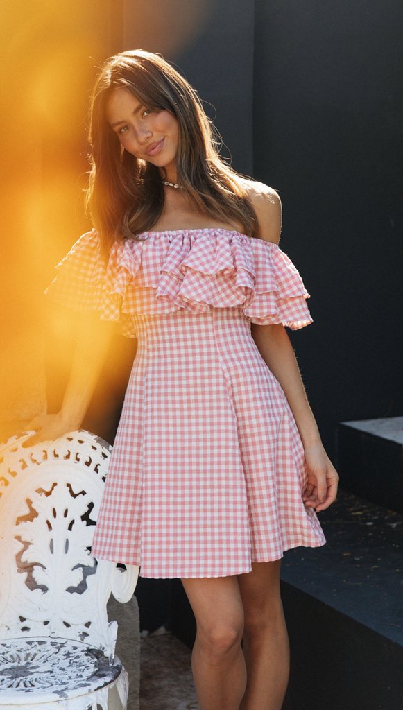Elegant Plaid Off-shoulder Ruffled Collar Dress