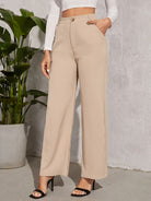 High-waisted beige wide-leg trousers with side pockets for stylish casual fashion ملابس