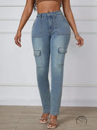 Light-wash straight skinny jeans with large side cargo pockets