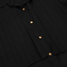 French elegant chiffon black pleated button-up shirt with gold buttons