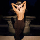 Elegant langry fashion brown ruched halter dress with gold accents