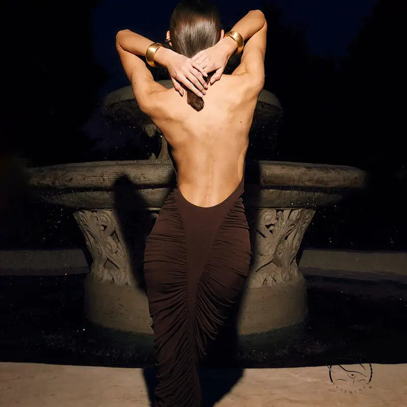 Elegant langry fashion brown ruched halter dress with gold accents