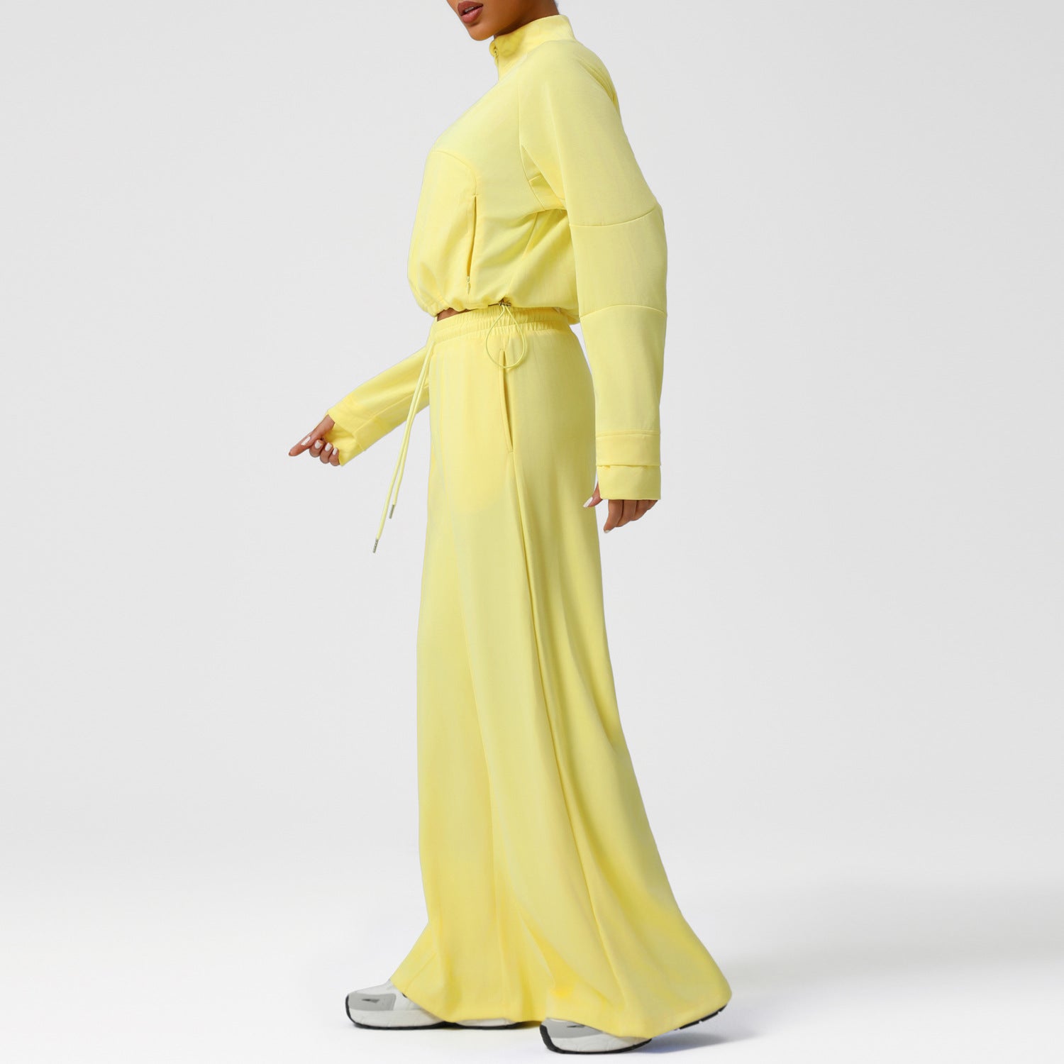 Langry fashion yellow high-necked long-sleeved dress with tie waist and black trim in casual wide leg pants warm set