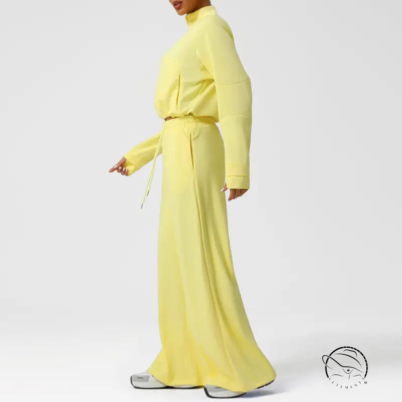 Langry fashion yellow high-necked dress with tie waist and black trim in casual wide leg pants warm set