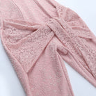 Elegant pink lace wrap dress with floral pattern and tie waist by Langry fashion