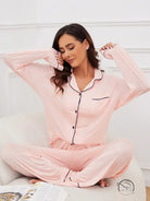 Pink long-sleeve modal pajama set with black piping for women