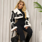 Langry fashion black and white faux leather cropped coat with shearling fur collar