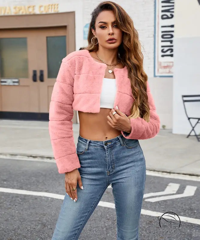 Pink faux fur cropped jacket from Langry fashion line