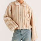 Beige faux fur cropped jacket with Peter Pan collar and zipper