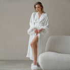 Elegant long sleeve comfy silk feather-trimmed satin robe nightgown