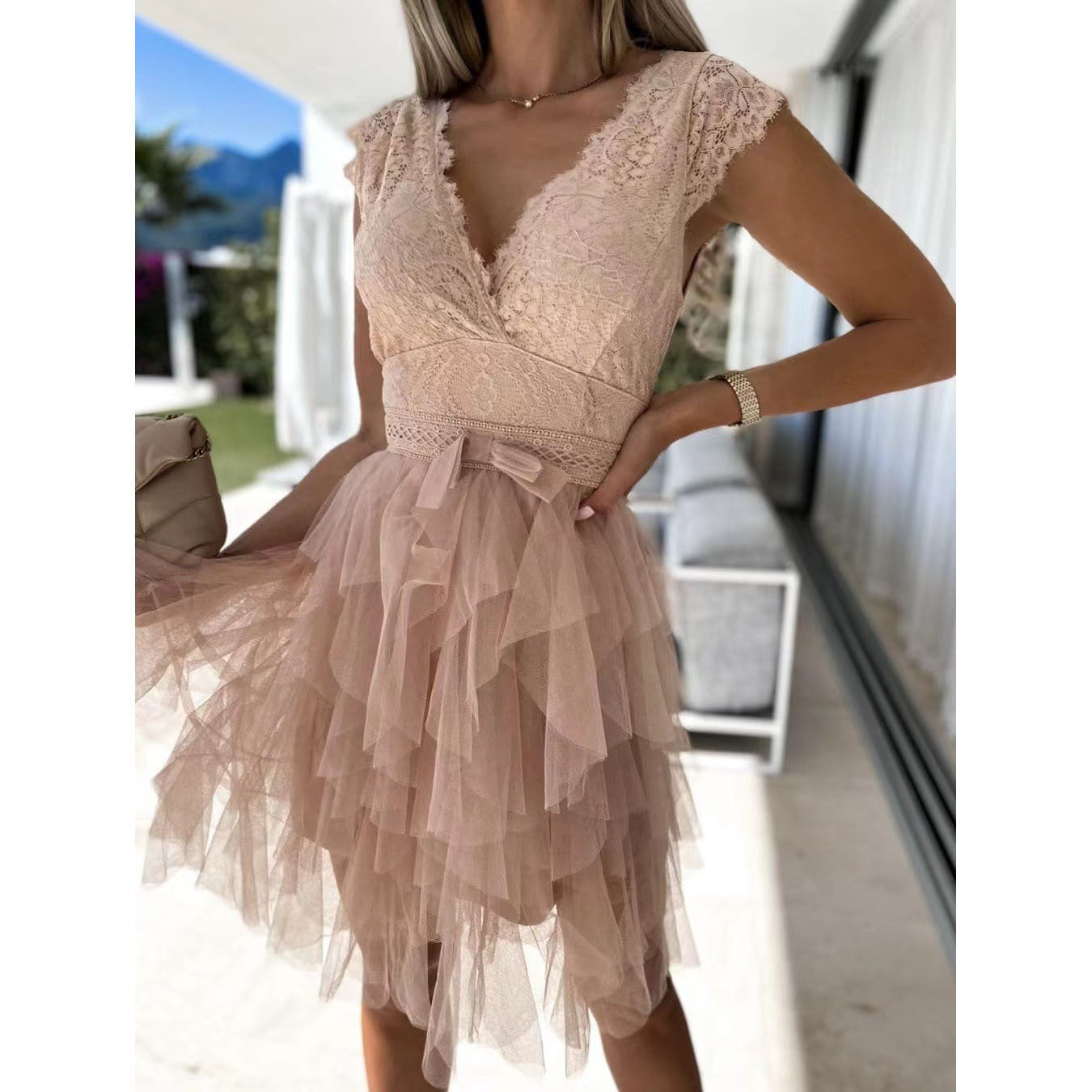 Lace-bodice tulle dress in Spring Summer V neck style, perfect for casual fashion ملابس
