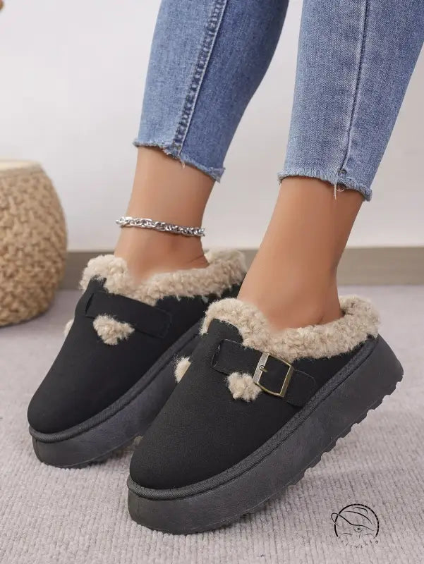 Langry fashion black platform mule slippers with faux fur trim